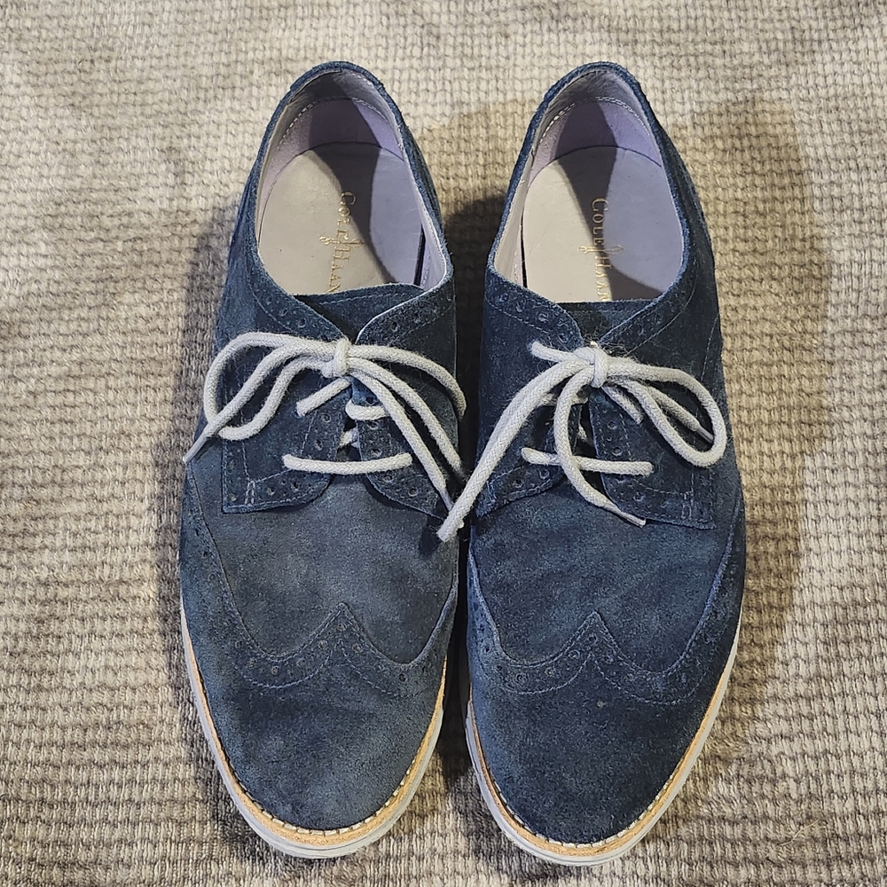 Cole Haan Blue Suede Oxford Shoes, Womens 8.5, Mens 7